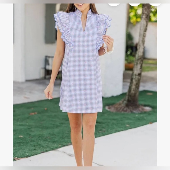 Umgee Size Small Blue and White Gingham with Pink Bows Ruffle Boutique Dress - Picture 2 of 12